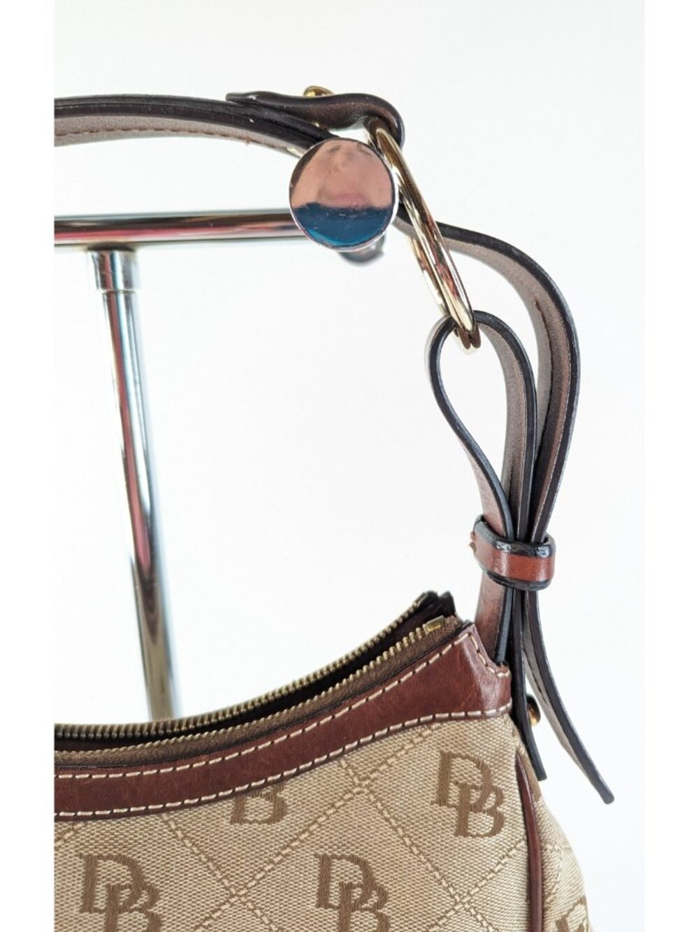 Dooney Bourke Monogram Hobo Purse Tan Brown Canvas Brass Shoulder Bag - Picture 3 of 13